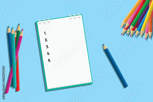 Open spiral notebook surrounded by colorful pencils on bright blue background. Flat lay top view of school or creative workspace. Vector illustration for back to school or education theme. Copy space