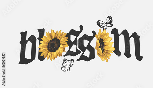 blossom slogan with sunflowers and butterflies graphic vector illustration