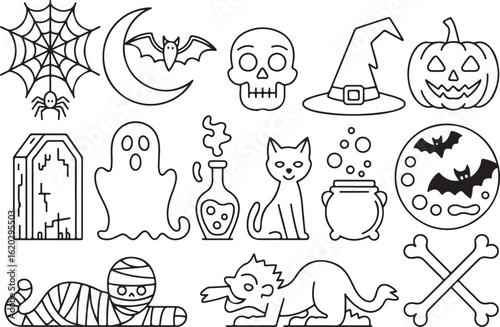 Set of halloween icons black and white line art