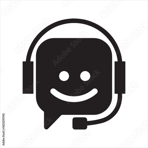 Happy customer support icon, smiley face in speech bubble with headset, symbol for friendly service and positive feedback