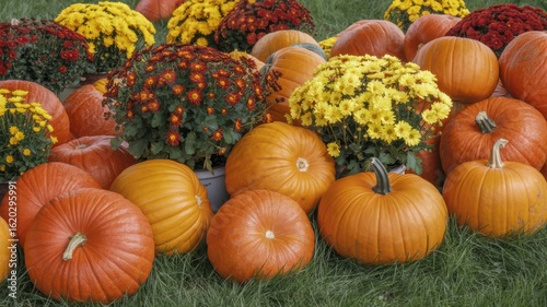 Fall harvest composition with pumpkins and dense clusters of mums creating a colorful autumn display