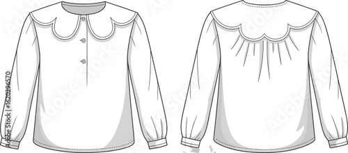 Classic Women's Scalloped Peter Pan Collar Blouse Flat Sketch, Long Sleeve Top, Fashion Apparel Design CAD Drawing
