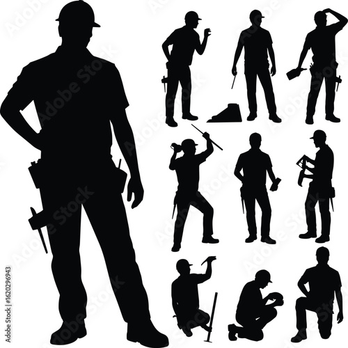 Construction worker silhouette, builder holding tools, labor man standing, handyman poses set, industrial worker clipart, repair job silhouette, professional tradesman vector art