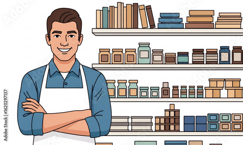 Friendly Shopkeeper in Local Store, Retail Space, Vibrant Atmosphere