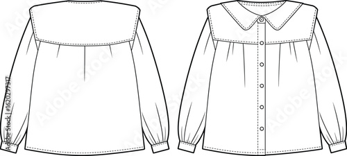 Girls long sleeve blouse, peter pan collar shirt, fashion technical flat sketch, button down top, vector drawing, sewing cad template cad drawing flat vector illustration