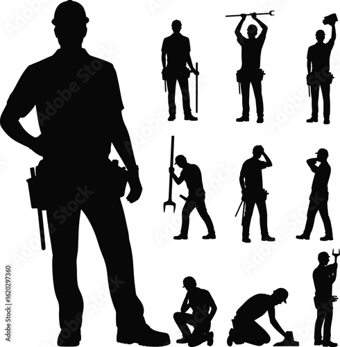 Construction worker silhouette, labor man tool belt, builder poses vector, industrial workforce outline, handyman illustration, working man silhouette clipart, repair occupation shadow