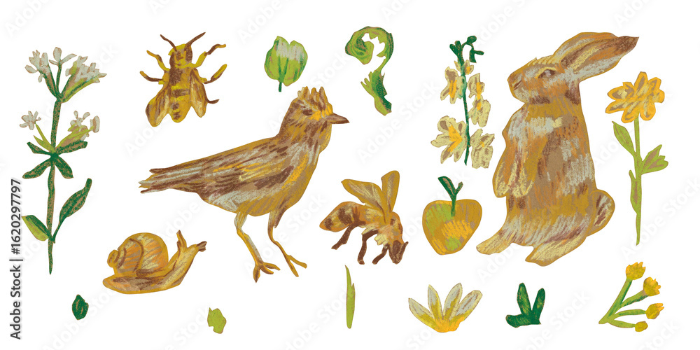 Obraz premium Set hand-drawn mythical animals illustration created with wax crayons and oil pastels.Fantasy creatures in ochre and green hues with textured details,for fairy tale designs,children’s illustrations.