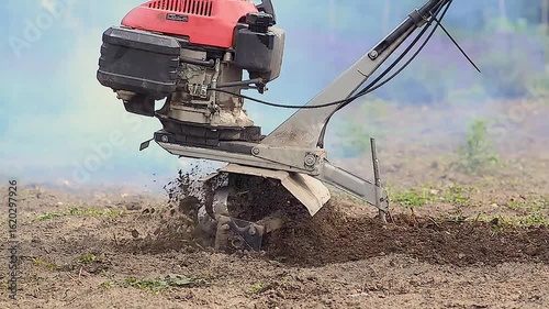 Manual gasoline cultivator prepares soil for sowing. Walk-behind tractor plows land with plow. Smoke. Farming concept. High-quality video.