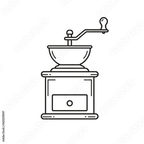 Vintage coffee grinder illustration in minimalistic line art style  on transparent background  