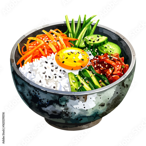 Vibrant watercolor illustration of a Korean Bibimbap bowl with a raw egg yolk and fresh vegetables.