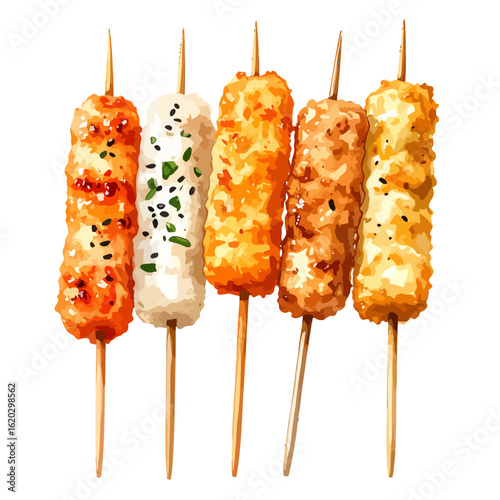 Five Golden Fried Food Skewers with Varied Toppings and Crispy Texture Illustration