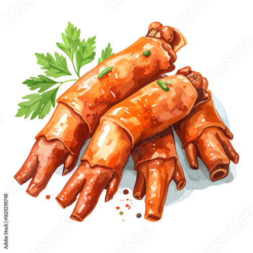 Savory braised pig's trotters, a glossy Asian delicacy garnished with fresh parsley and spices.