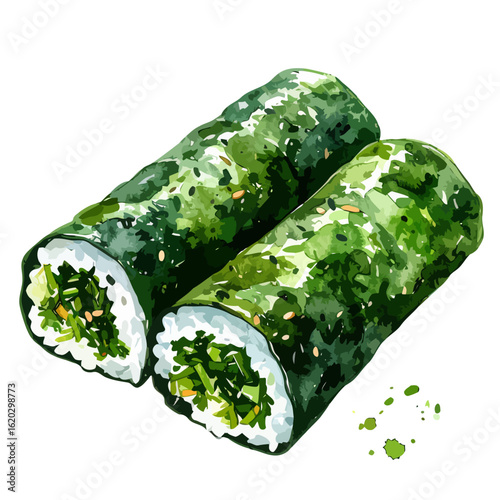 Watercolor Illustration of Two Green Seaweed Sushi Rolls