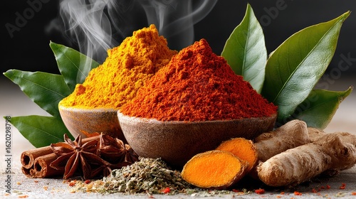 Spiced Aroma in Rustic: An artful depiction showcases an aromatic array of colorful, powdered spices, artfully arranged in earthen bowls with accompanying herbs. 