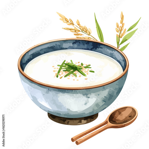 Watercolor Rice Porridge in Blue Bowl with Green Garnish and Wooden Spoon