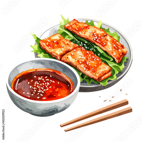 Grilled marinated meat slices served with a spicy dipping sauce and fresh lettuce on a plate, accompanied by chopsticks.