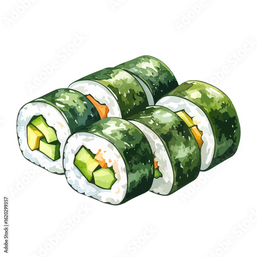 Vibrant Watercolor Sushi Rolls with Green Nori, White Rice, and Fresh Avocado Fillings