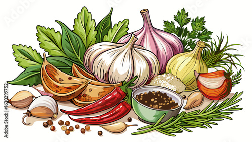This isolated fresh herbs and spices on white background, culinary mix, garlic blends color and aroma. Semi-realistic details highlight freshness, natural flavor, and the essence of vibrant cooking in
