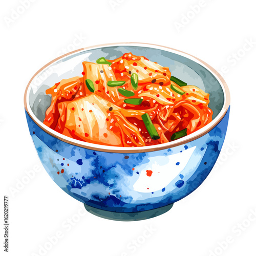 Vibrant Watercolor Kimchi in a Decorative Bowl