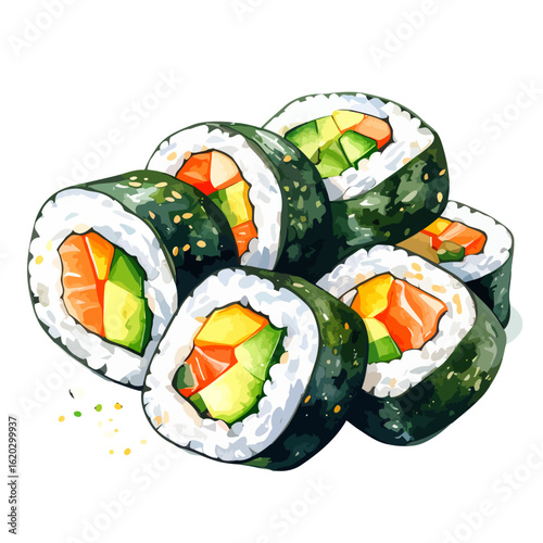 Vibrant watercolor illustration of Japanese maki sushi rolls with avocado, carrot, and mango.