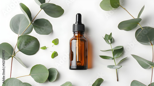 Amber Dropper Bottle with Eucalyptus Leaves on White Background, in high resolution clean minimal style stock photo illustration background image ideal for templates advertisements and web banners sho