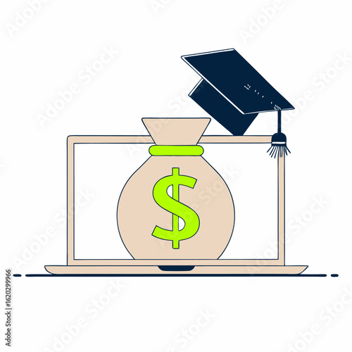Illustration of money bag, laptop, and graduation cap representing education investment isolated on white background
