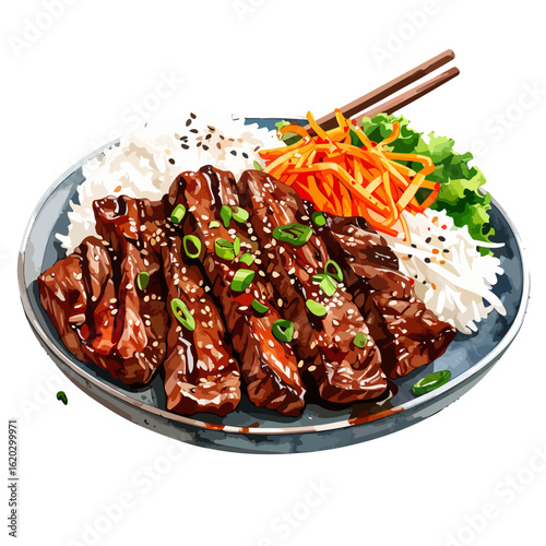Savory Korean bulgogi beef bowl illustration with glazed meat, rice, sesame seeds, and fresh vegetables.