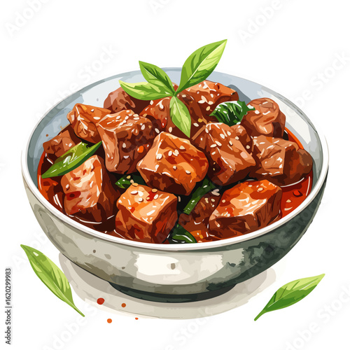 Delicious Braised Beef Cubes in Rich Savory Sauce with Fresh Green Garnish
