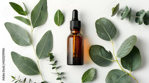 Amber Dropper Bottle with Eucalyptus Leaves on White Background, in high resolution clean minimal style stock photo illustration background image ideal for templates advertisements and web banners sho