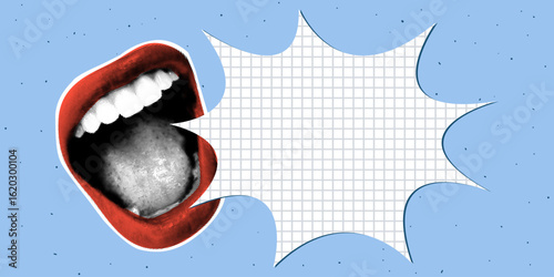 Vector collage banner with a mouth screaming.  Halftone dot effect. For news, course, webinar, posters, zines, social media,  DIY art projects