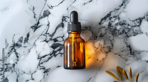 Amber Glass Serum Bottle with Dropper on White Marble Background, in high resolution clean minimal style stock photo illustration background image ideal for templates advertisements and web banners sh