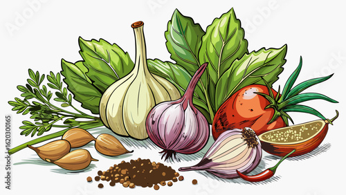 This isolated fresh herbs and spices on white background, culinary mix, garlic blends color and aroma. Semi-realistic details highlight freshness, natural flavor, and the essence of vibrant cooking in