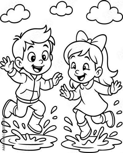 Kids Jumping in Puddles Coloring Page – Fun Rainy Day Activity