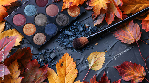 Autumnal Eyeshadow Palette with Makeup Brush and Leaves Flatlay, in high resolution clean minimal style stock photo illustration background image ideal for templates advertisements and web banners sho