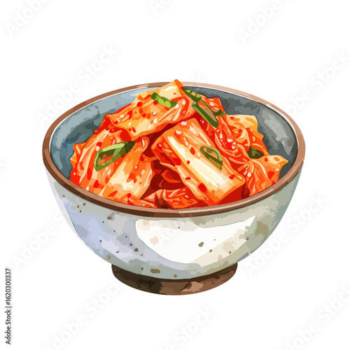 Spicy Korean kimchi with scallions and sesame seeds in a rustic speckled ceramic bowl, watercolor style illustration.