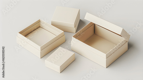 Beige and Cream Duo Packaging Mockup: Open and Closed Boxes on White Background, in high resolution clean minimal style stock photo illustration background image ideal for templates advertisements and