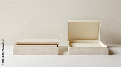 Beige and Cream Duo Packaging Mockup: Open and Closed Boxes on White Background, in high resolution clean minimal style stock photo illustration background image ideal for templates advertisements and