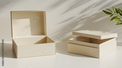 Beige and Cream Duo Packaging Mockup: Open and Closed Boxes on White Background, in high resolution clean minimal style stock photo illustration background image ideal for templates advertisements and