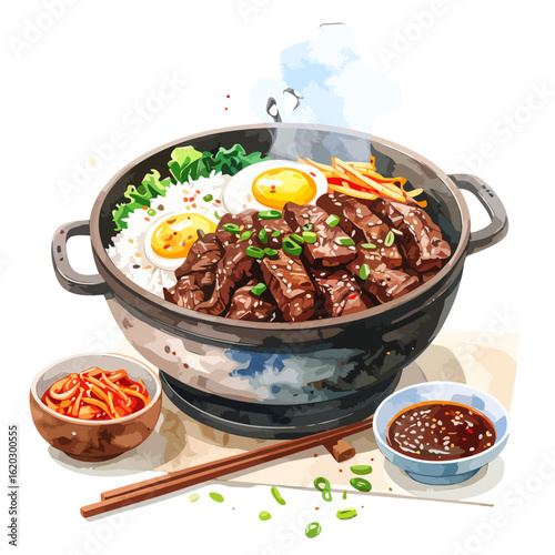 Colorful Korean Bibimbap in a Cast Iron Pot with Steaming Heat