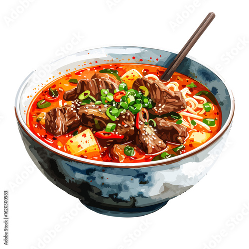 Hearty bowl of spicy beef noodle soup with tofu, scallions, and sesame seeds in a rich red broth.