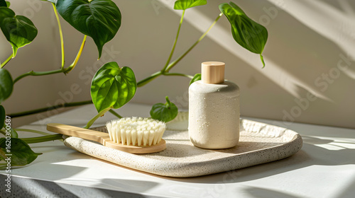 Beige Facial Cleansing Brush and Tray with Green Plant white isolated background : Batch, in high resolution clean minimal style stock photo illustration background image ideal for templates advertise