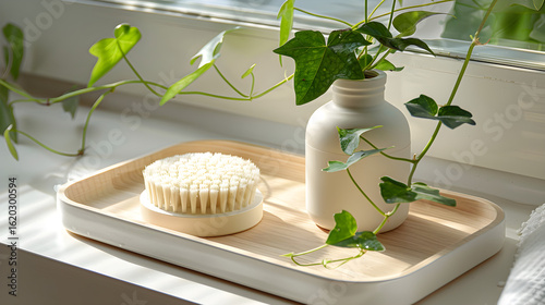 Beige Facial Cleansing Brush and Tray with Green Plant white isolated background : Batch, in high resolution clean minimal style stock photo illustration background image ideal for templates advertise