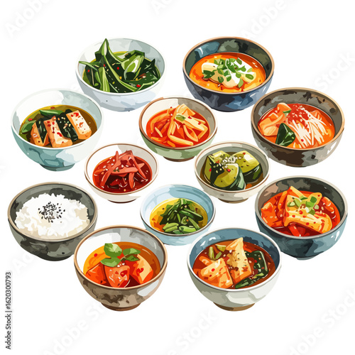Stylized illustration of various Korean side dishes (banchan), stews, and rice in rustic ceramic bowls.