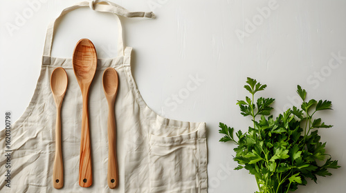 Beige Linen Apron Mockup with Wooden Spoon and Parsley on White Background, in high resolution clean minimal style stock photo illustration background image ideal for templates advertisements and weba