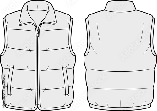 Unisex Puffer Vest Flat Sketch, Quilted Sleeveless Outerwear with Zipper and Pockets, Fashion Apparel CAD Drawing