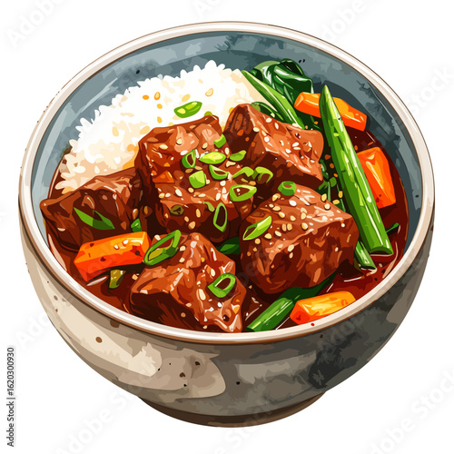 Hearty Asian beef stew rice bowl with fresh vegetables and sesame seeds in a rustic ceramic dish.