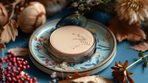 Beige Makeup Compact on Ceramic Plate with Dried Flowers, in high resolution clean minimal style stock photo illustration background image ideal for templates advertisements and web banners showcasing