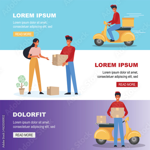 delivery courier characters. service people carrying boxes, packages. vector banners.