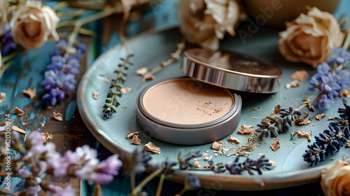 Beige Makeup Compact on Ceramic Plate with Dried Flowers, in high resolution clean minimal style stock photo illustration background image ideal for templates advertisements and web banners showcasing