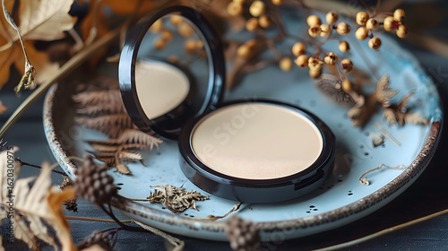 Beige Makeup Compact on Ceramic Plate with Dried Flowers, in high resolution clean minimal style stock photo illustration background image ideal for templates advertisements and web banners showcasing